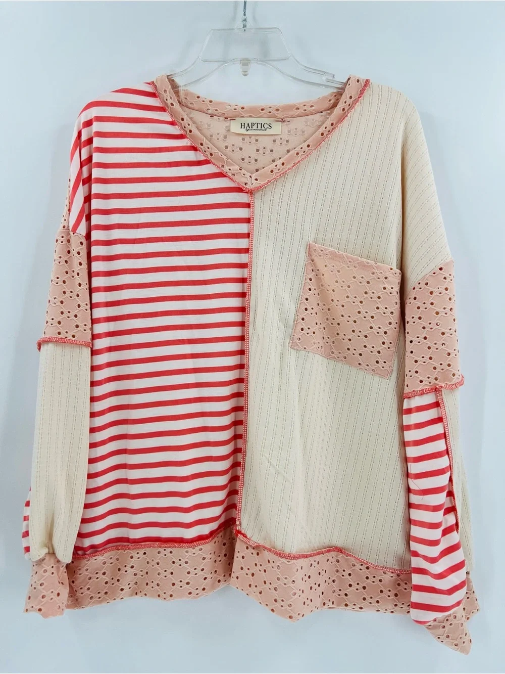 HAPTICS Boho Colorblock Eyelet Stripe Top Peach Cream M New in Bag - Picture 12 of 15